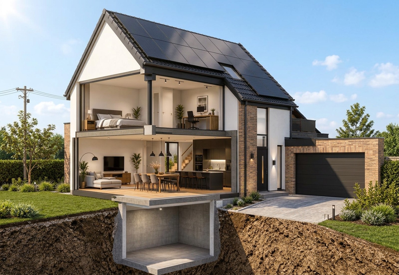 Moderne Nederlandse woning in doorsnede met zonnepanelen op het dak en een technische ruimte in het souterrain